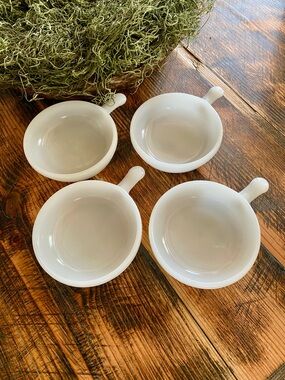 Set of 4 Vintage Glasbake Milk Glass Soup Bowls w/ Handles
